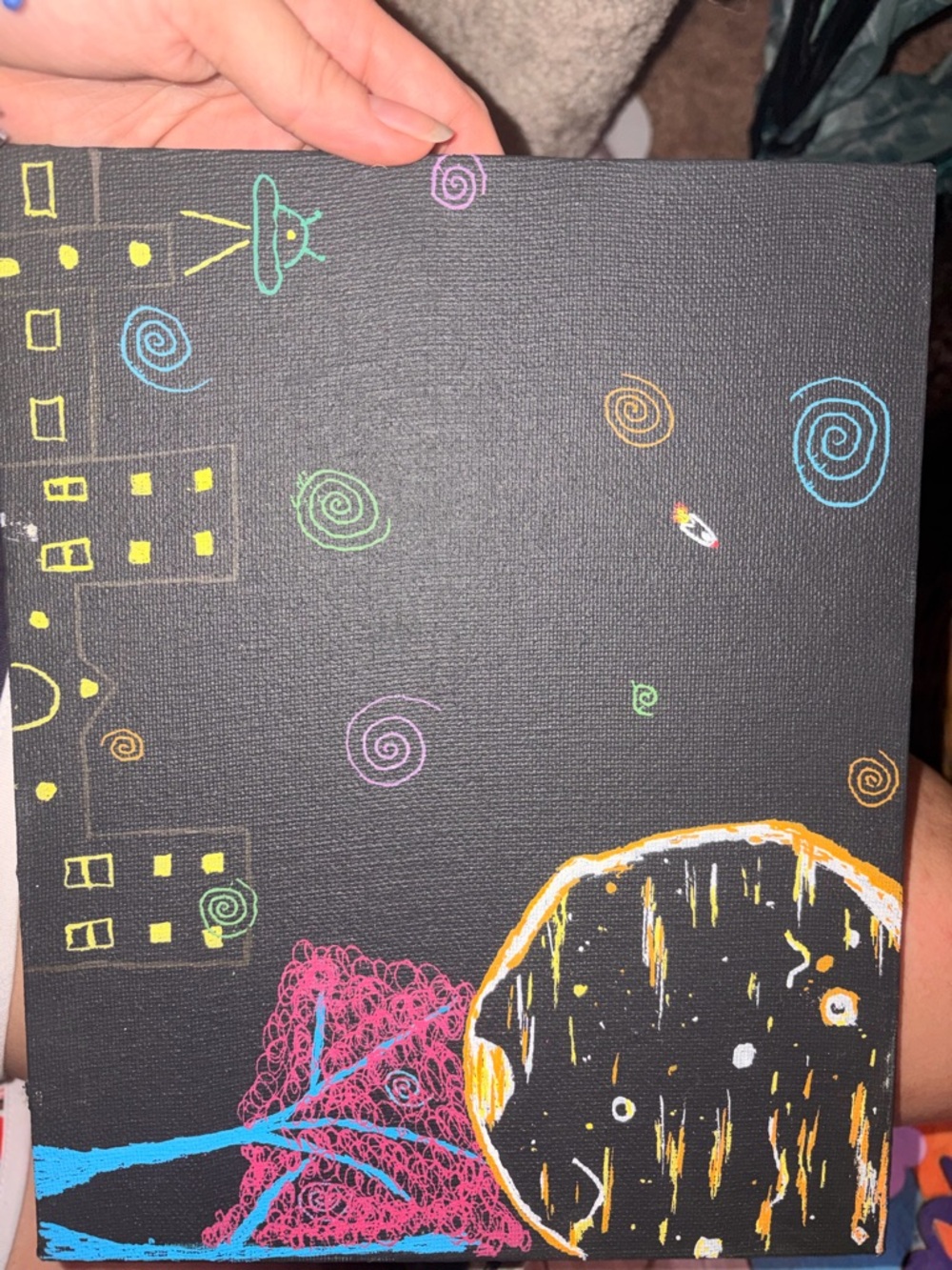 Hand-Painted Whimsical Space Scene on Black Canvas